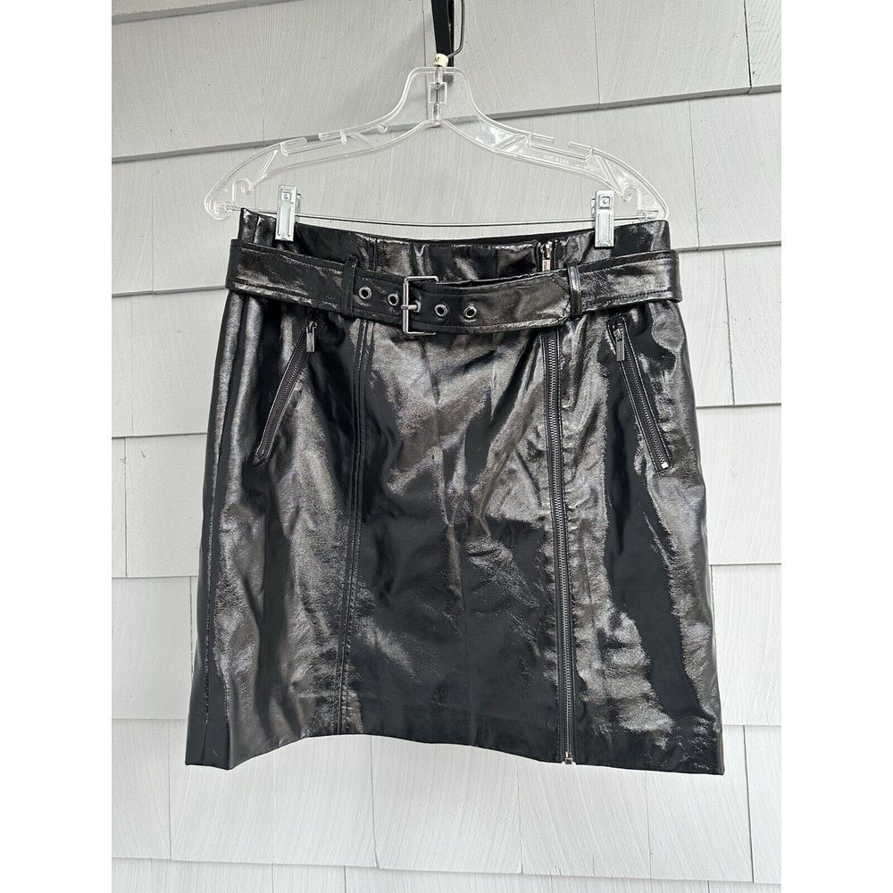 Karl Lagerfeld Paris Faux Black Patent Leather Zip Biker Mini Skirt Size 8